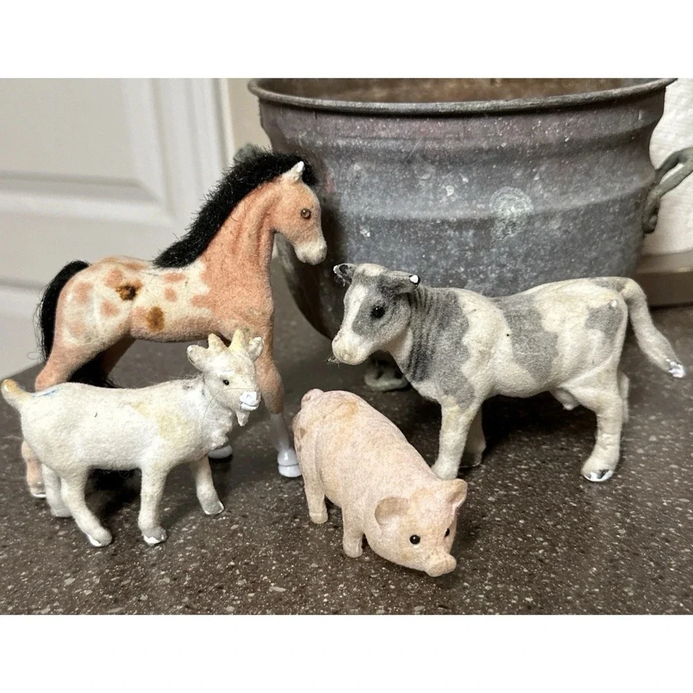 Vintage Flocked Farm Animal Figurines Lot Horse Cow Goat Pig Toys Farm Cottage